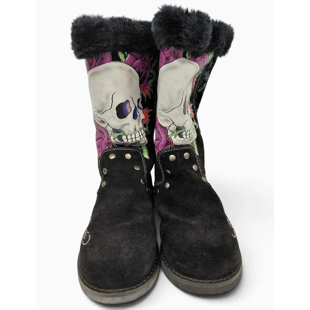 Vintage 2009 Ed Hardy Skull Rose Boots Womens 6 Suede Faux Fur Studded Y2K